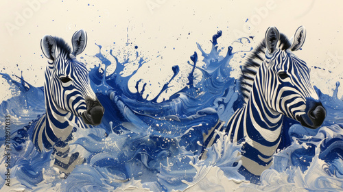 Two zebras are swimming in the ocean with blue and white splashes. The painting captures the beauty and grace of these animals as they navigate the waves