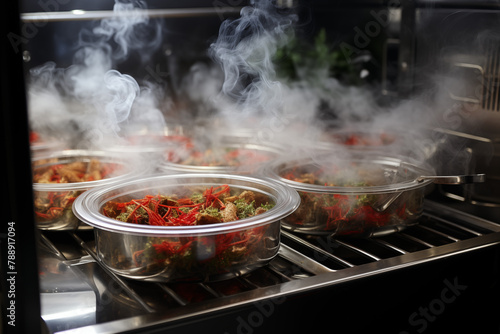 steaming transparent glass containers inside the oven with freshly cooked food
