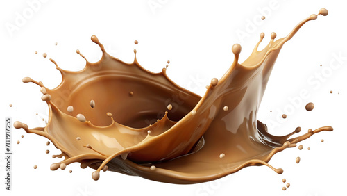Brown Milk liquid swirl splash and little bubbles isolated on transparent png background, liquid fluid element flowing in form of wave.