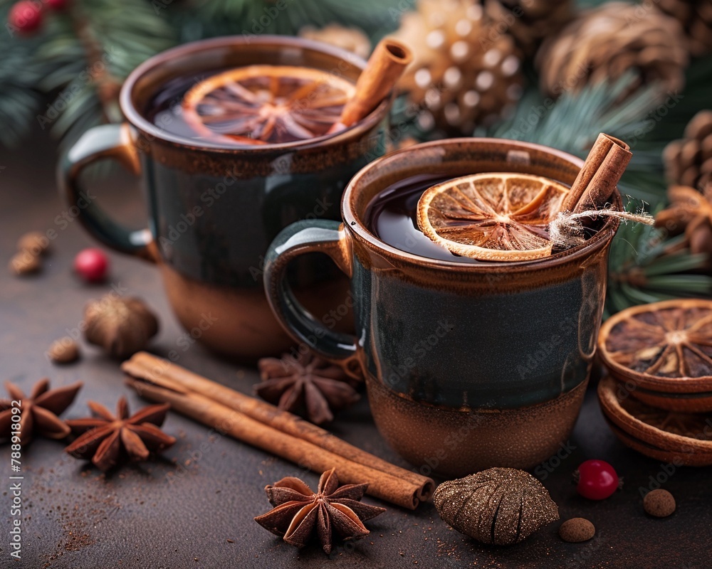 two cups of hot beverage, probably mulled wine or spiced cider, surrounded by ingredients and decorations typically associated with the festive season two cups of hot beverage, probably mulled wine or spiced cider, surrounded by ingredients and decorations typically associated with the festive season
