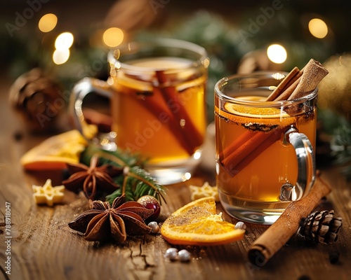 two cups of hot beverage, probably mulled wine or spiced cider, surrounded by ingredients and decorations typically associated with the festive season photo