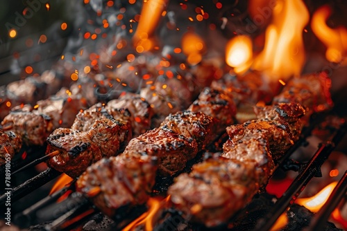 Succulent and delicious grilled meat skewers on the bbq rack with flames and sparks photo