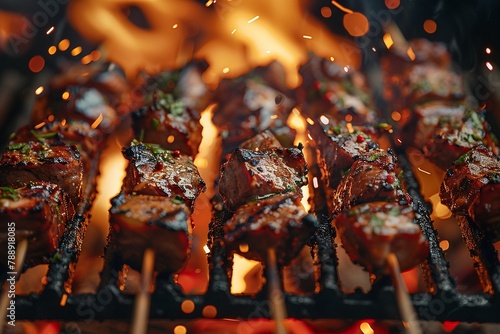 Succulent and delicious grilled meat skewers on the bbq rack with flames and sparks photo