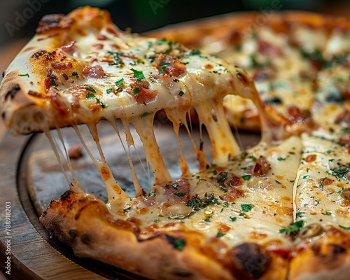 deliciouslooking pizza with various toppings showcasing the melted cheese stretching between the slice and the rest of the pizza