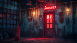man knocks on a door that has a sign with the word success. Knocking on the door to “Success” text. Wooden blocks with words 'Your success is our goal'. Business concept.
