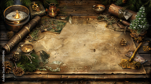 A wooden table with a map on it and candles and pine cones. Scene is cozy and rustic