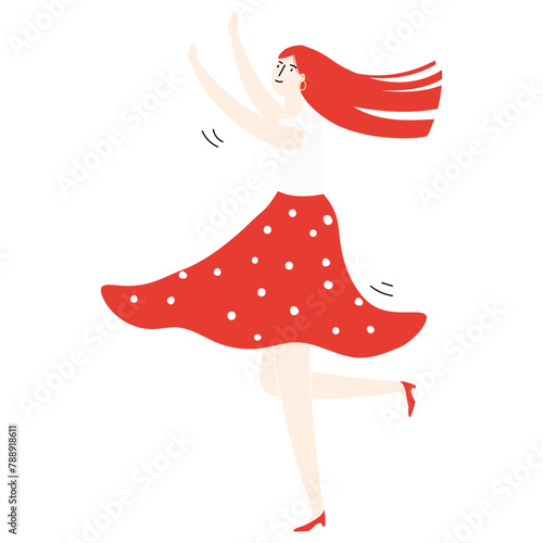 Lady in Red skirt dancing cheerfully.