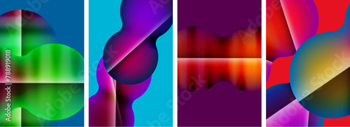 A collage featuring four colorful abstract images on a blue, purple, and red background. The images include a leg, human body, thigh, and rectangle in shades of violet, pink, and magenta