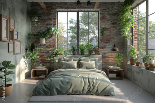 A realistic photo of an interior design of a modern bedroom with white walls and greenery hanging from the ceiling, green bedding on the bed. Created with Ai