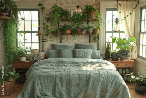 A realistic photo of a green and white bedroom with plants hanging from the ceiling, green bedding on the bed, a cozy interior design. Created with Ai