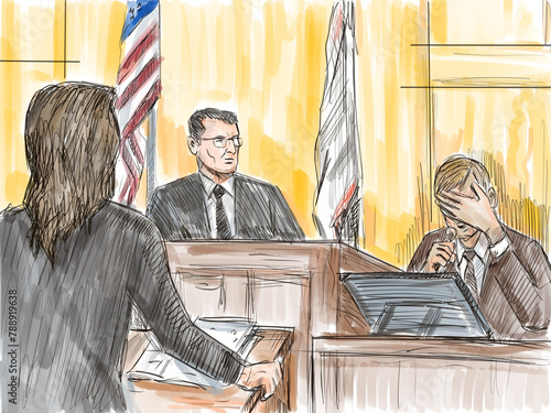 Pastel pencil pen and ink sketch illustration of a courtroom trial setting with judge and defendant, plaintiff, witness crying testifying on a court case drama in judiciary court of law and justice.