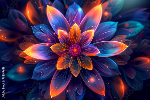 Electric blue fractal art of symmetrical glowing flower on dark background