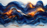 Abstract blue and gold wave resin art background with golden swirls, flowing lines, and glowing accents in the style of flowing lines. Created with Ai