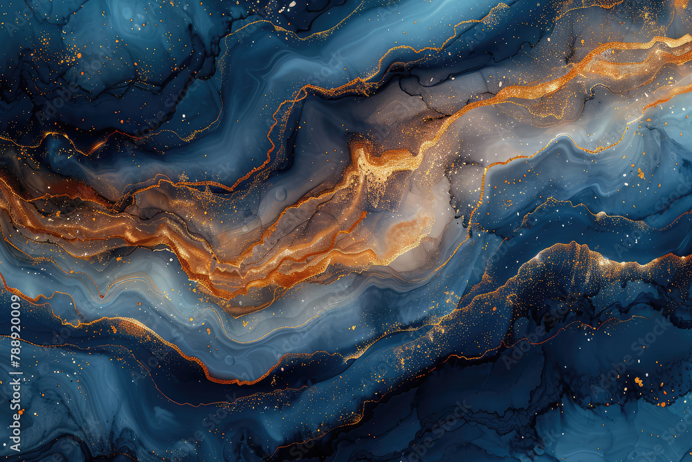 A digital art piece showcasing an abstract composition of swirling patterns in deep blue and gold, resembling the textures found on polished marble surfaces. Created with Ai