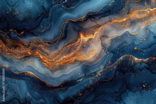 A digital art piece showcasing an abstract composition of swirling patterns in deep blue and gold, resembling the textures found on polished marble surfaces. Created with Ai