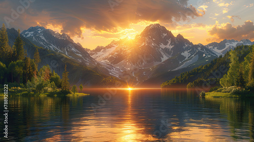 A stunning sunrise over the tranquil waters of an idyllic mountain lake, reflecting in its crystal clear surface with vibrant colors and rays of golden lights.