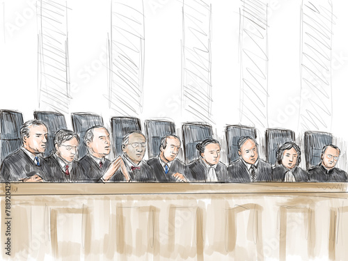 Pastel pencil pen and ink sketch illustration of a courtroom trial setting with supreme court judge or justices on a court case drama in judiciary court of law and justice. (ID: 788920429)