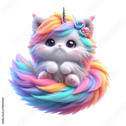 3D cute colorful caticorn for valentines day, white background PNG