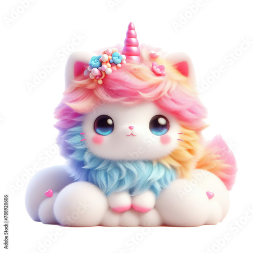 3D cute colorful caticorn for valentines day, white background PNG © JetHuynh