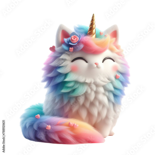 3D cute colorful caticorn for valentines day, white background PNG