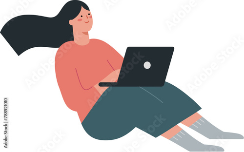 Girl with long hair using laptop