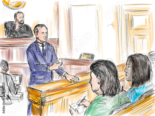 Pastel pencil pen and ink sketch illustration of a courtroom trial setting lawyer of defendant, plaintiff, addressing jury with judge on a court case drama in judiciary court of law and justice. (ID: 788921211)