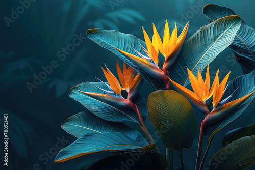 A flat lay photography of exotic plants and orange flowers, leaves, strelitzia reginae. Created with Ai photo
