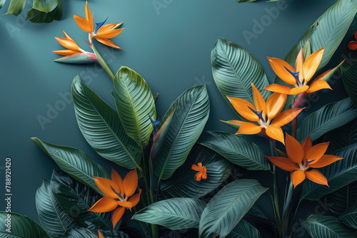  Dark green leaves and orange flowers on a dark blue background  an exotic plants composition in the style of a tropical nature concept banner with copy space area for text design. Created with Ai