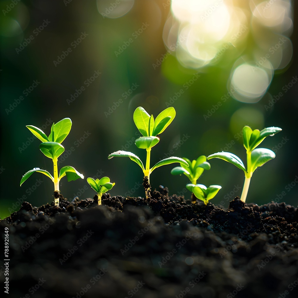 A line of sprouting plants captures the essence of new life as they reach towards the luminous glow of the morning light. A line of sprouting plants captures the essence of new life as they reach towards the luminous glow of the morning light.