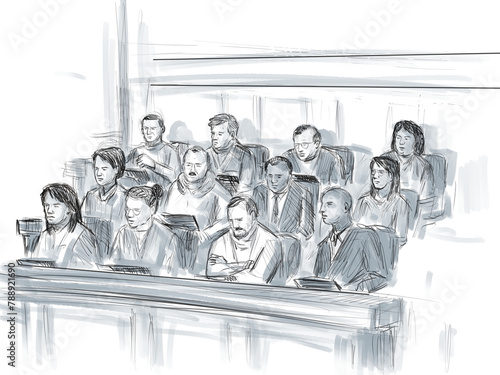 Pastel pencil pen and ink sketch illustration of a courtroom trial setting a jury of twelve 12 person juror on a court case drama in judiciary court of law and justice.