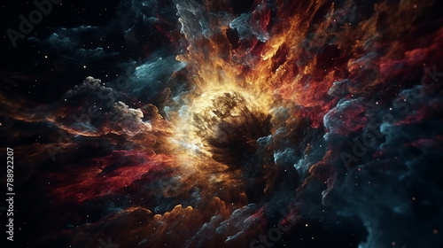 Colorful illustration outer space moments after the Big Bang. Concept image of a bright explosion in outer space
