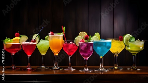 Array of colorful cocktails, each glass holding a unique alcoholic concoction, a stylish presentation with room for your text.