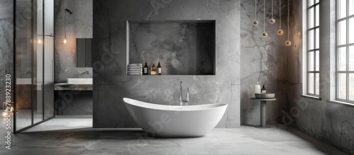 A gray modern bathroom with a freestanding bath designed in it.