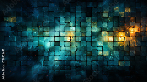 Background Pixelated mosaic squares in shades of teal