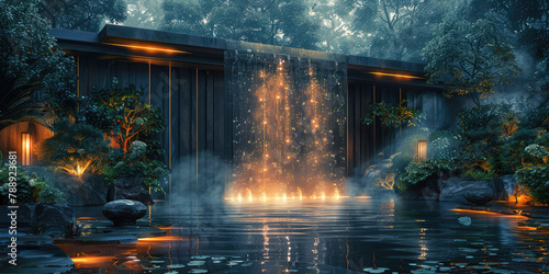 A Japanese-style house surrounded by waterfalls, with glowing fireflies illuminating the scene at night. Created with Ai