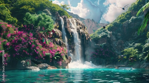 Waterfall images  waterfall in the park  colorful flowers  rivers and spring background  flying robotic birds  mountain waterfall images  futuristic water fall  