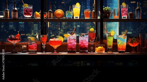 Diverse selection of drinks on a bar counter, inviting space for text, a vibrant and enticing scene.