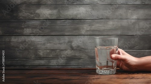 Gentle hands clasping an Old Fashioned glass, set against a textured rustic surface, inviting space for your text. photo