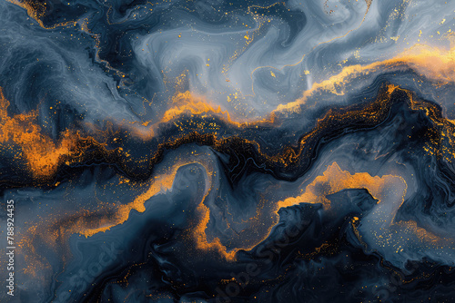 A dark blue and gold marble pattern with golden veins, resembling flowing watercolors, covers the entire background. Created with Ai