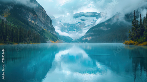 Photograph of Lake louise in Canada, blue water with reflection of mountains, foggy clouds. Created with Ai