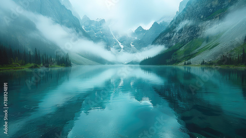  Beautiful lake surrounded mountains, foggy weather, reflection clouds in the water, blue green tones. Created with Ai