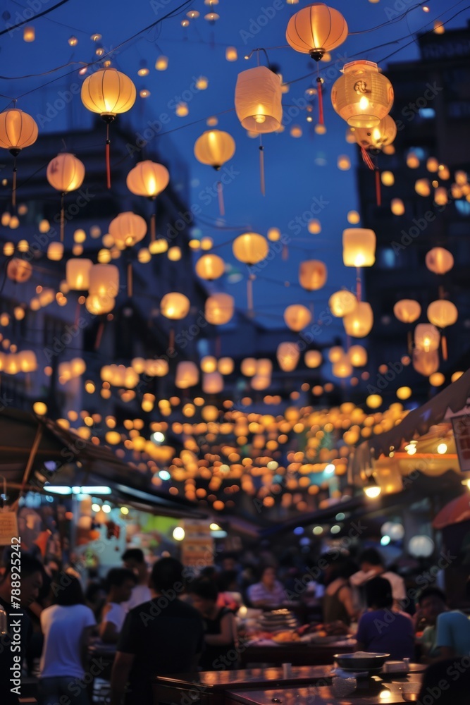 The mesmerizing sight of paper lanterns floating gently above the night market, casting a soft glow over the lively scene below, Generative AI The mesmerizing sight of paper lanterns floating gently above the night market, casting a soft glow over the lively scene below, Generative AI