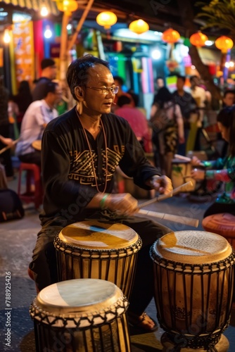 The rhythmic beat of traditional drums and music echoing through the night market, adding to the vibrant energy of the evening festivities, Generative AI