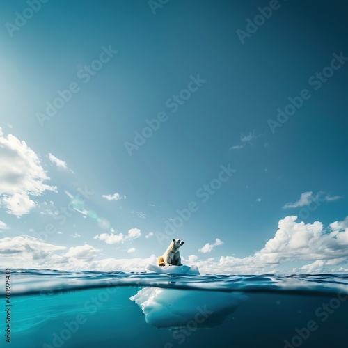 AI generated image, Half underwater shot, a polar bear sitting on a small Iceberg in the ocean, environment concept