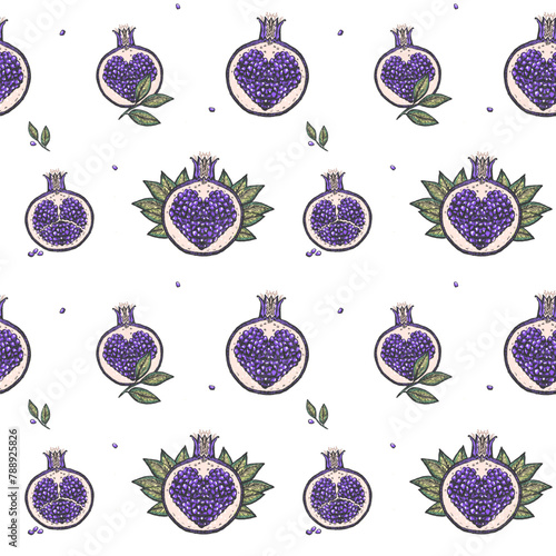 Violet fairy pomegranates seamless vector pattern with cute hand drawn pomegranate fruits sketch symbols