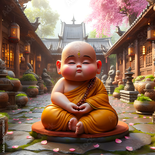 Image of a young novice sitting and practicing meditation in the temple courtyard surrounded by natural scenery.