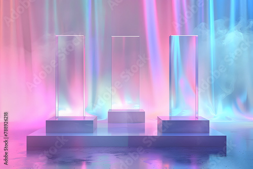 Abstract empty stage with three clear prism podiums on pastel neon holographic background