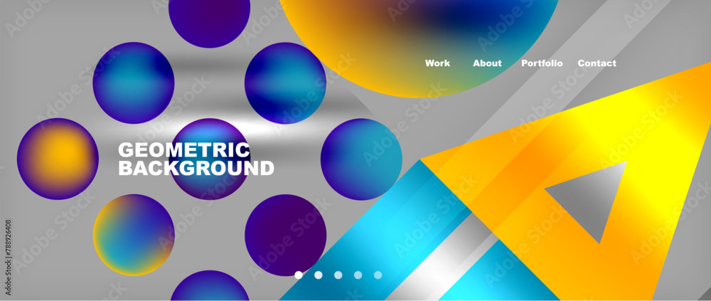Naklejka premium Colorful geometric background featuring circles and triangles in varying shades of violet, magenta, and electric blue. Liquid art pattern with a font of tints and shades