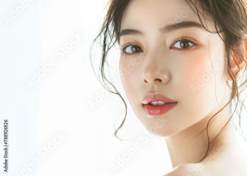 Beautiful asian woman with clean, fresh skin on a white background, isolated portrait of a beautiful young girl after a facial treatment