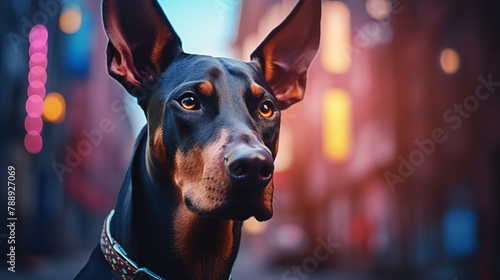 Portrait of a black dog : Doberman dog. AI Generative.